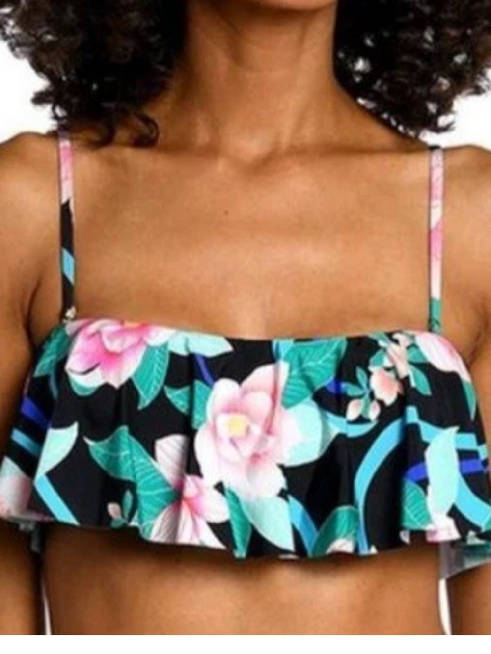 Floral Ruffle Bikini Top in Black, Pink & Teal